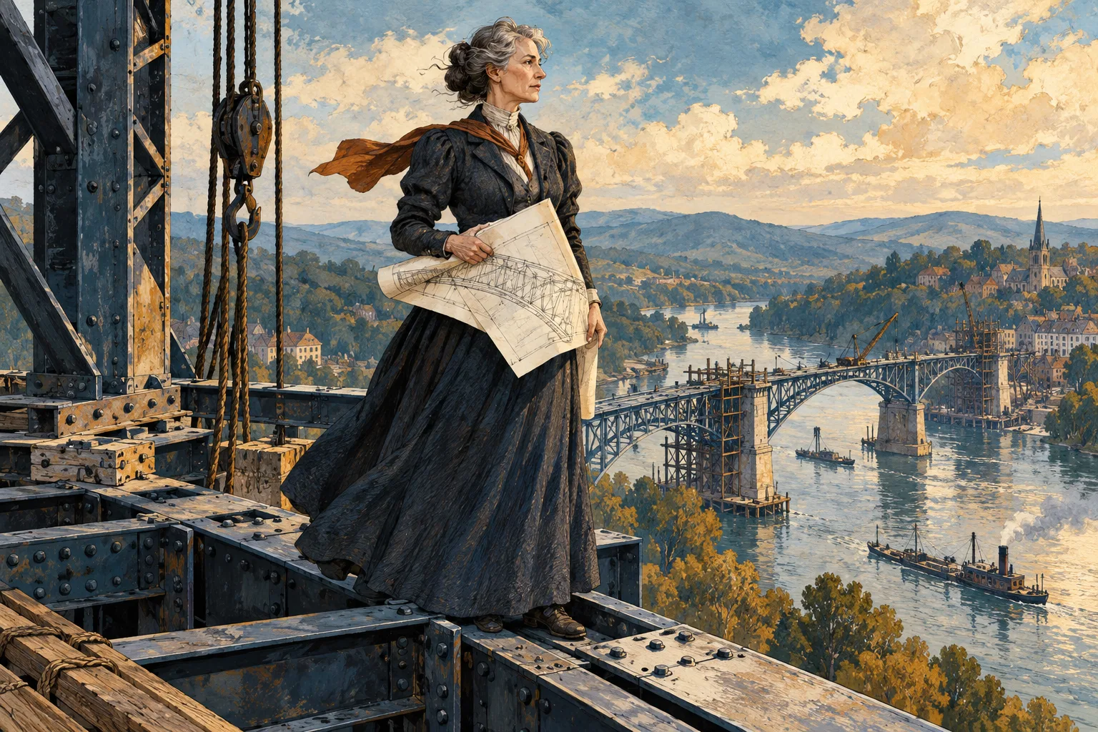 A bridge engineer stands on steel girders above a river with a folded engineering drawing.