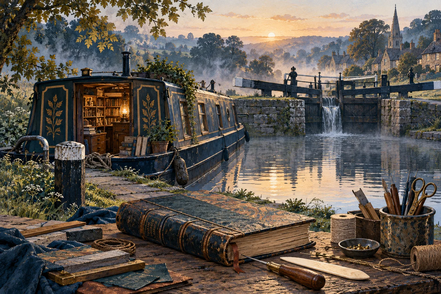 A rebound logbook and binding tools lie beside a bookbinder's boat at a quiet village lock.