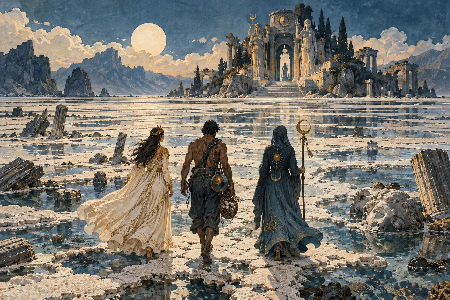 Three travelers approach a sea temple across an exposed harbor where the tide has stopped.