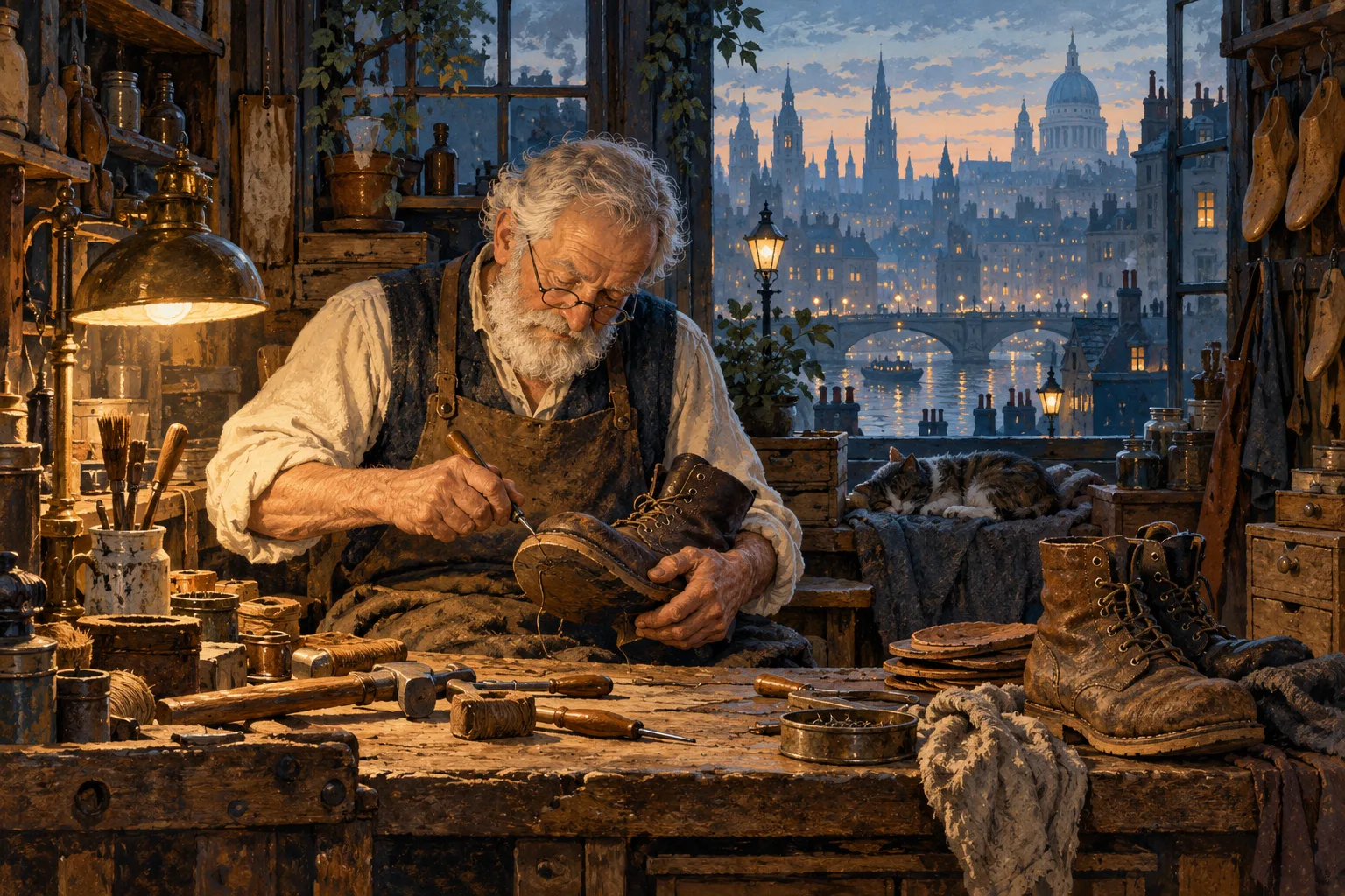 An elderly cobbler repairs a boot at his workshop bench.