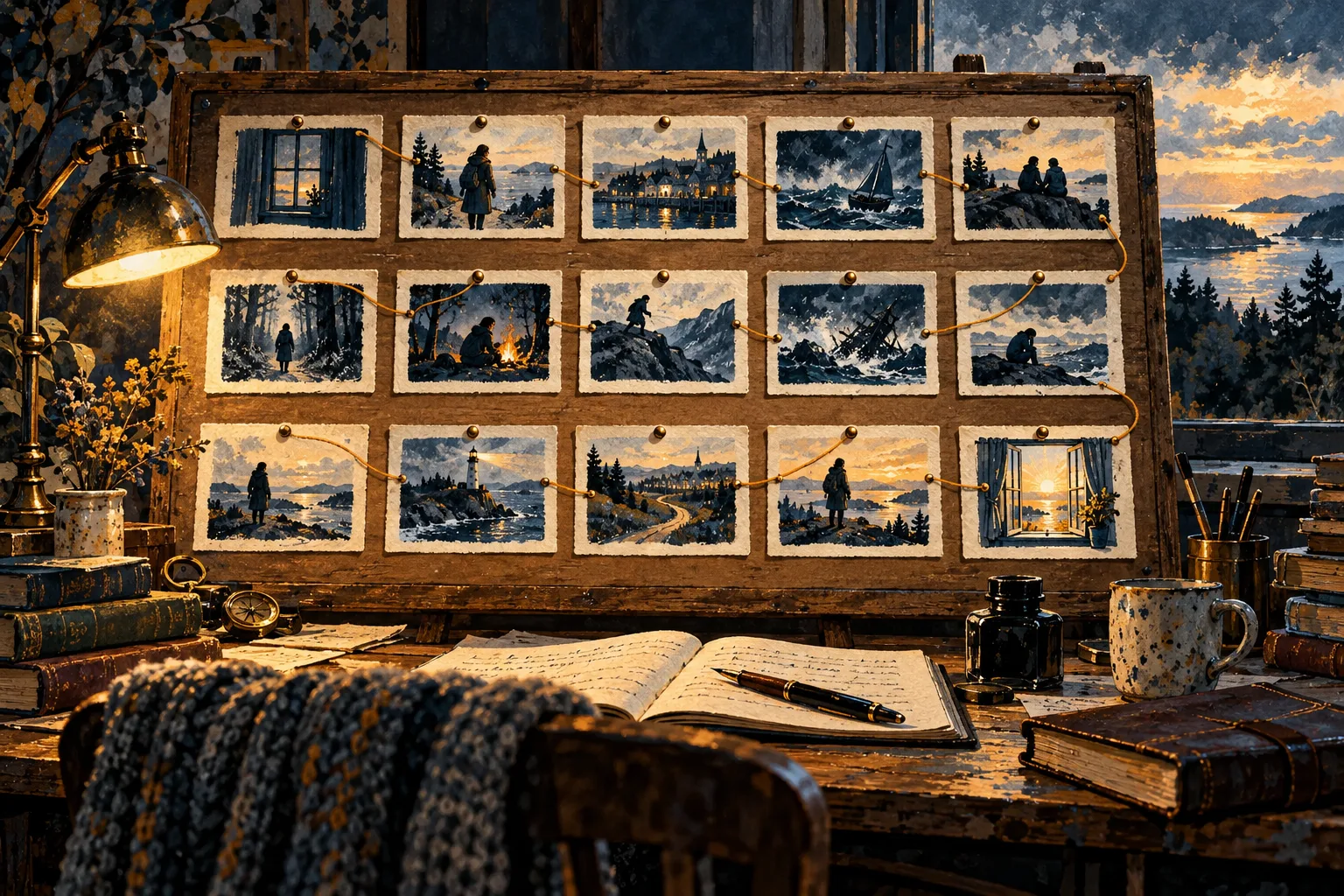 Fifteen scene cards trace a story from its opening image through conflict to a changed closing image.