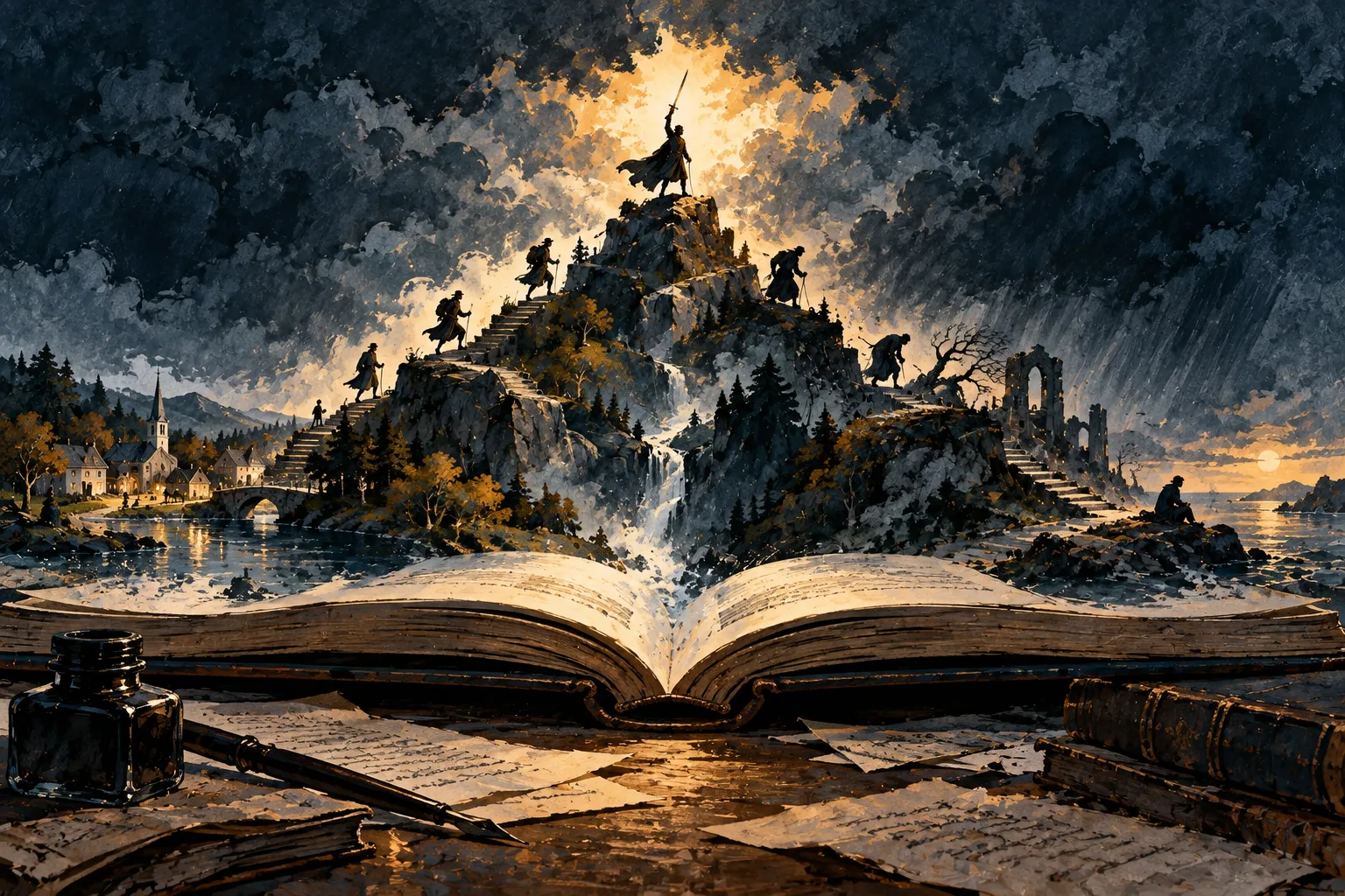 A story route climbs to a central turning point, then descends through its consequences.