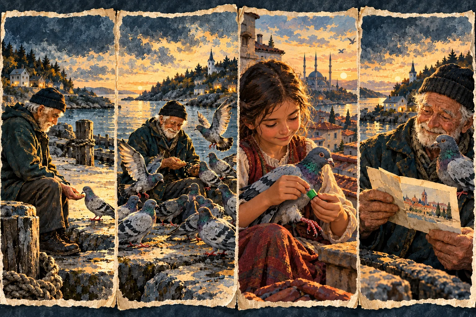 Four scenes connect a man feeding pigeons, a girl banding a bird overseas, and a letter that reveals their link.