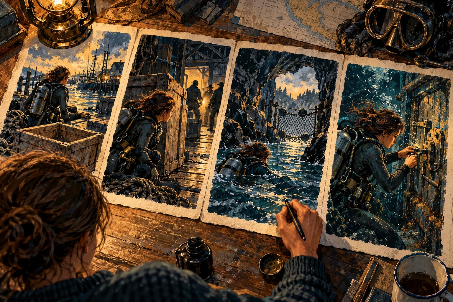 Four connected adventure scenes escalate a diver's trouble and end with her finding her own escape.
