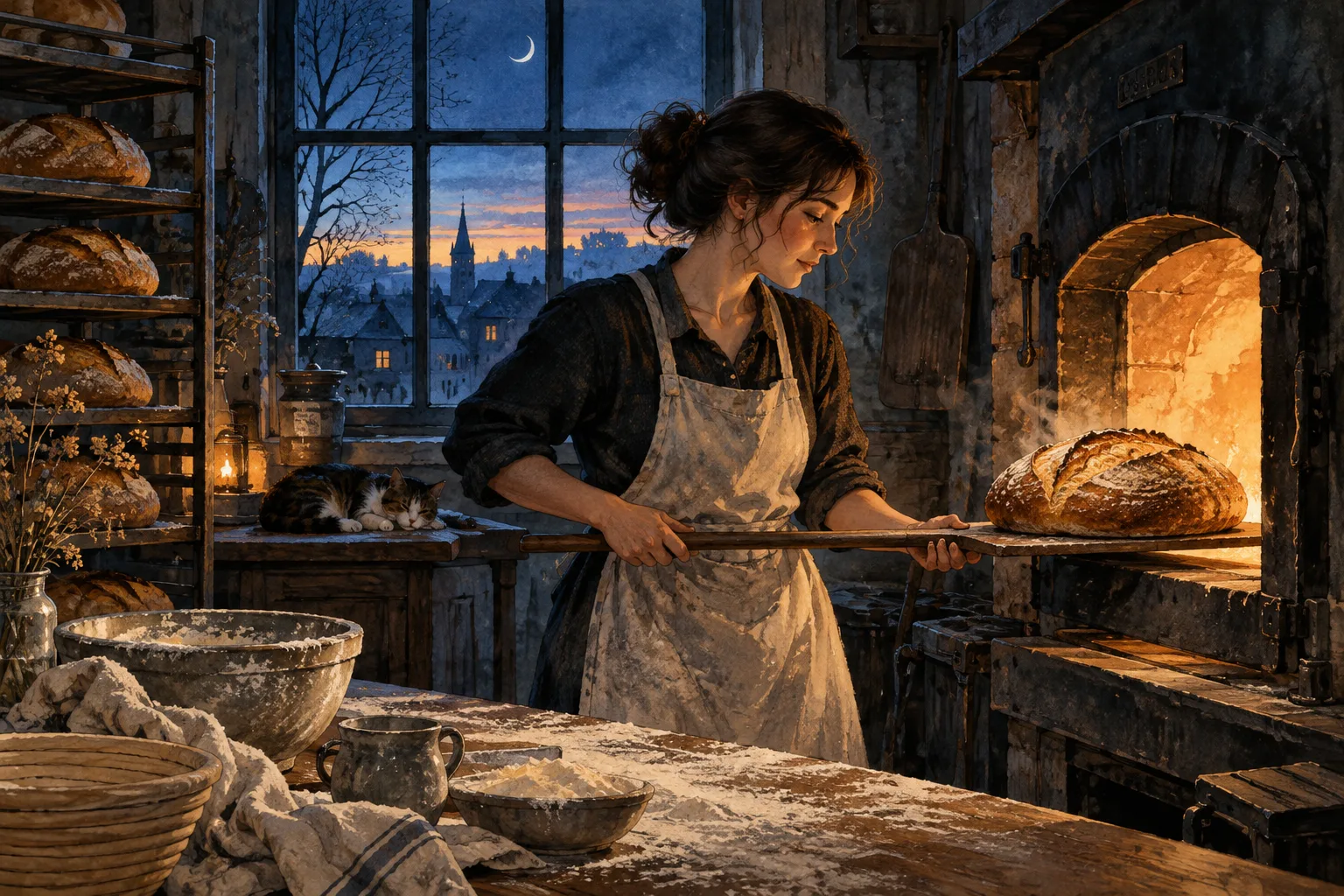 A baker lifts a golden loaf from the oven during a quiet night shift.