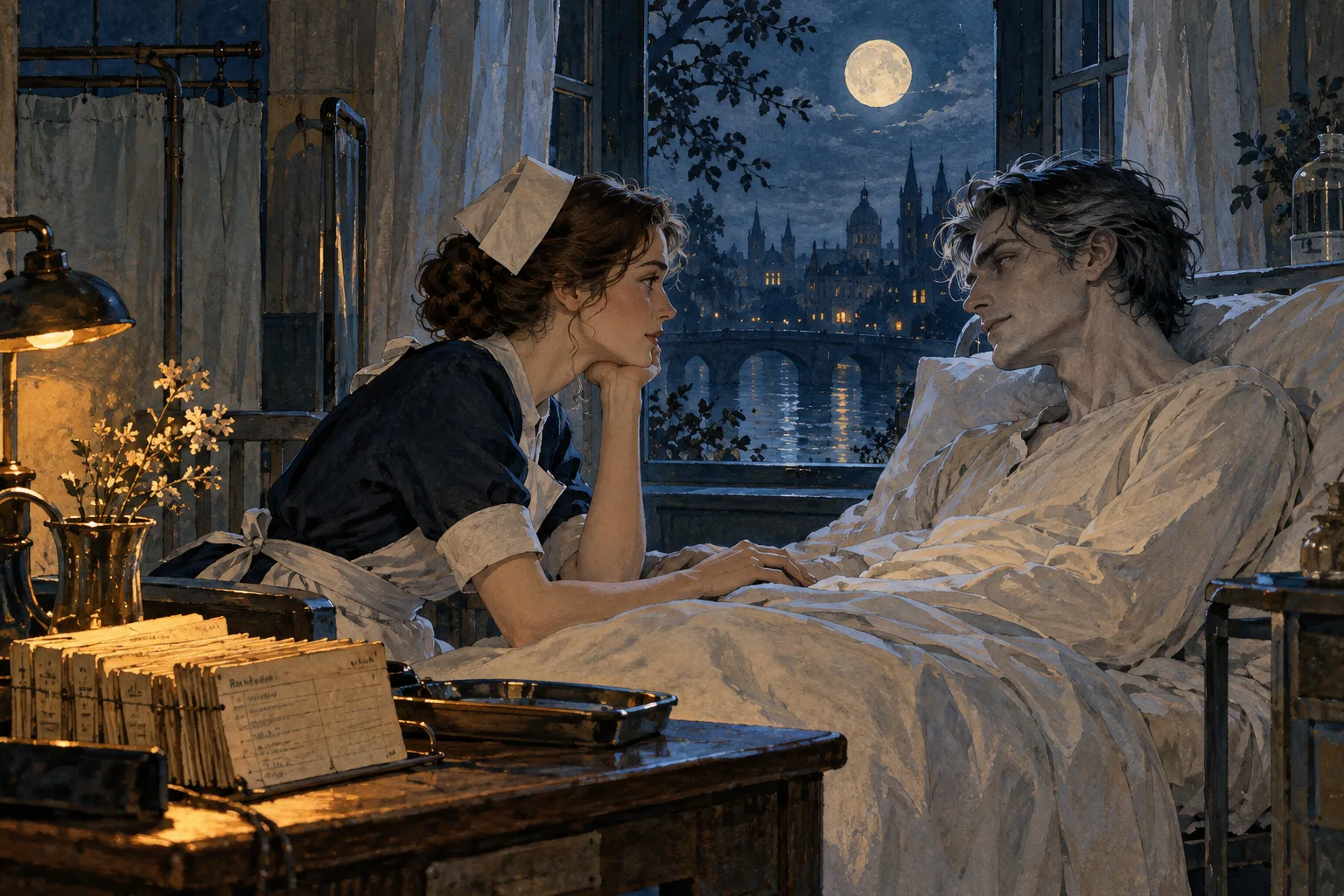A nurse and an ageless patient meet beside a moonlit hospital window.
