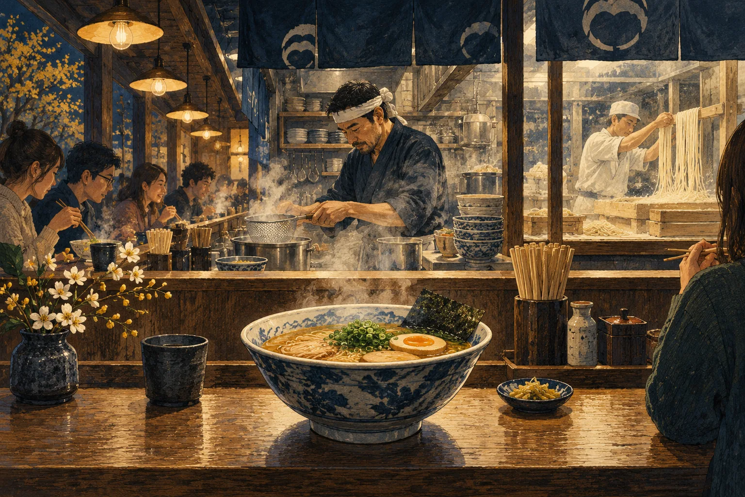A bowl of ramen steams on a restaurant counter while the cook works behind it.