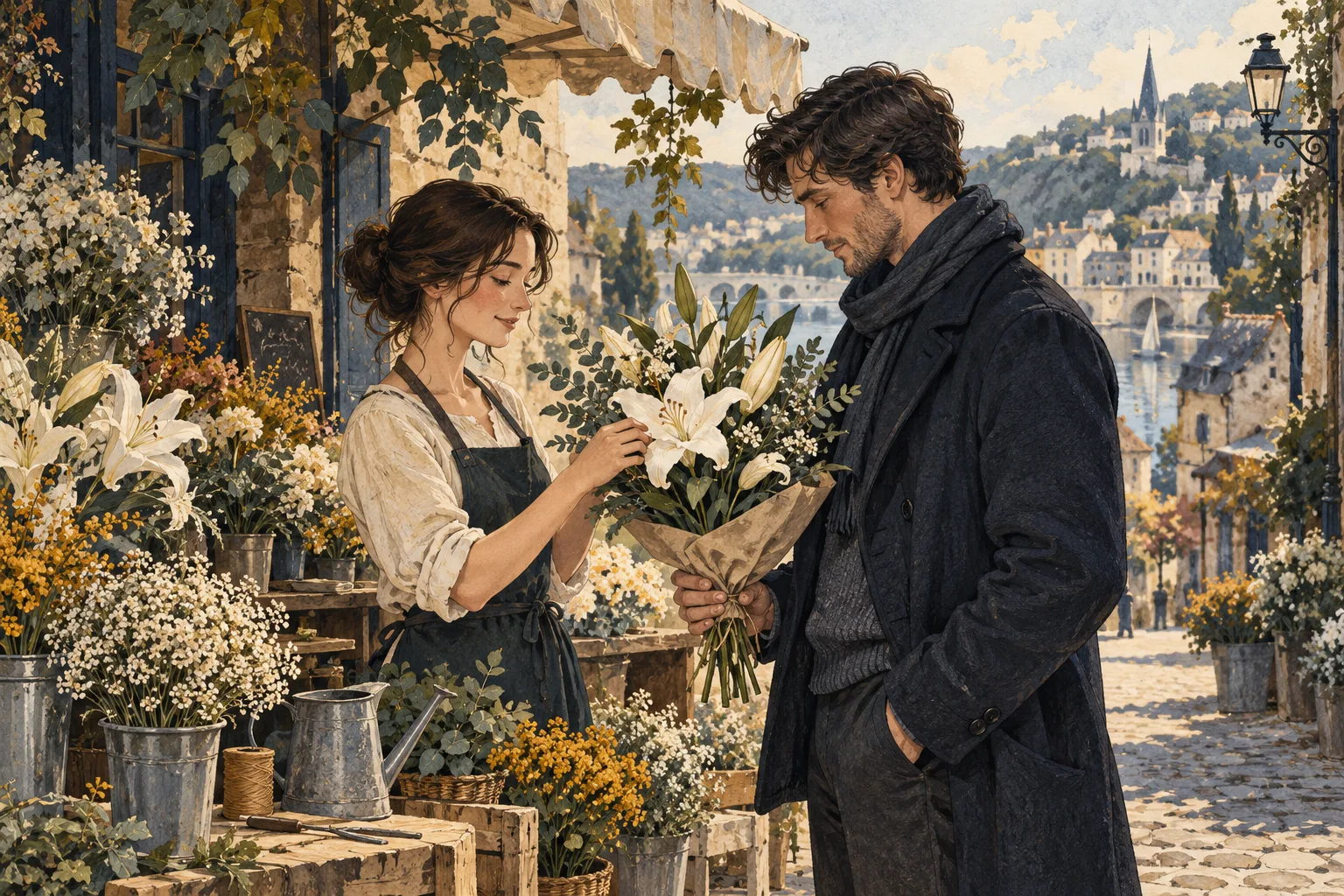 A florist and a man share a bouquet of white lilies at a flower stall.