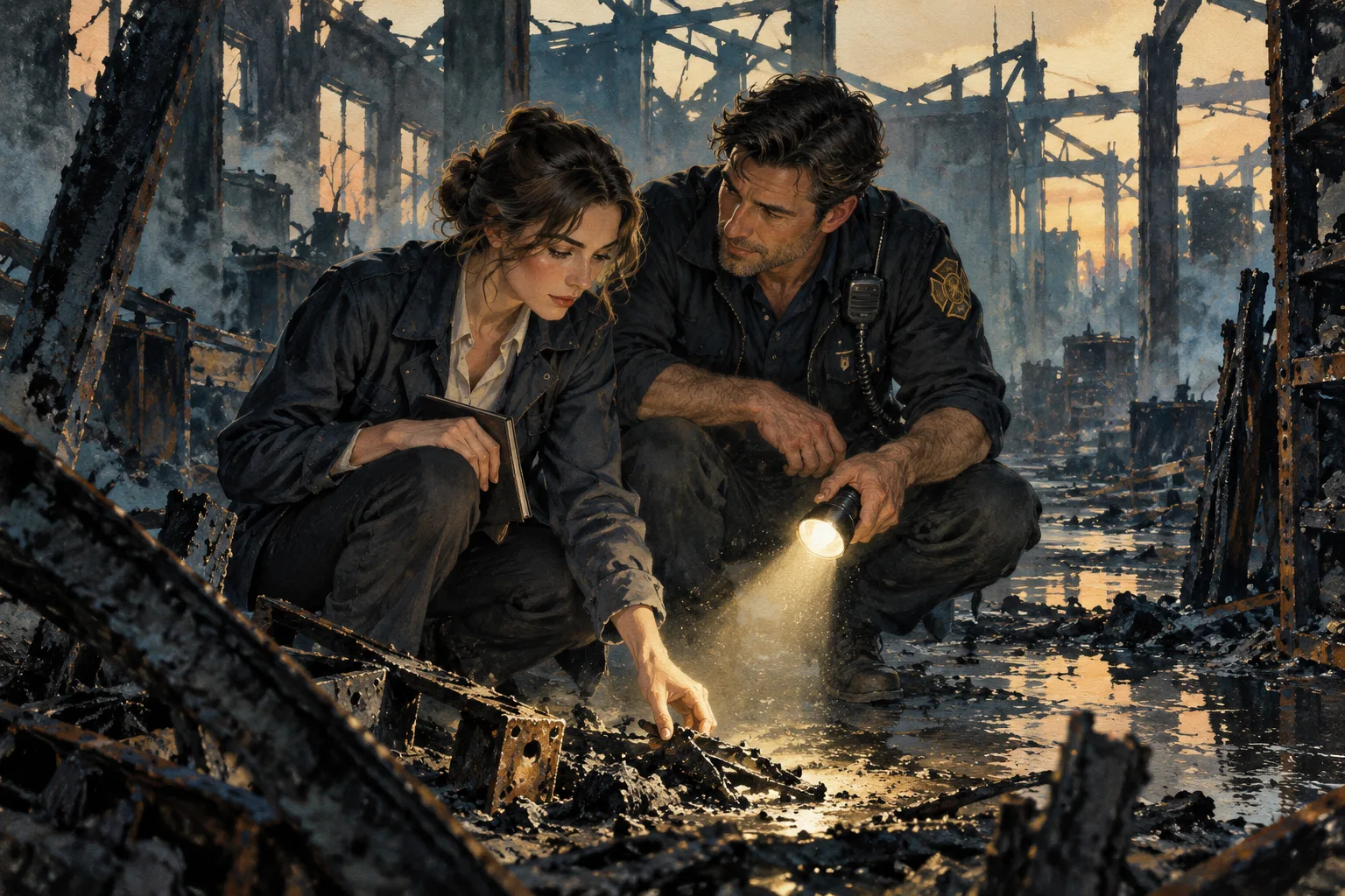 An investigator and a fire marshal study clues together in a burned warehouse.