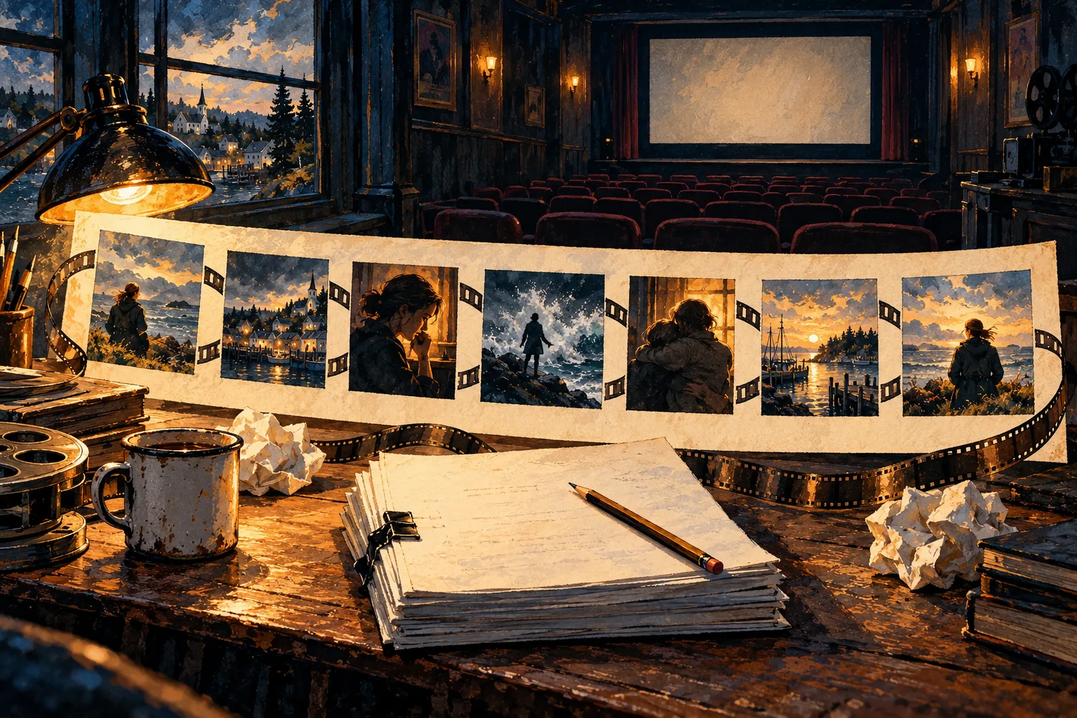 Seven storyboard frames connect a screenplay's opening, turning points, and closing image.