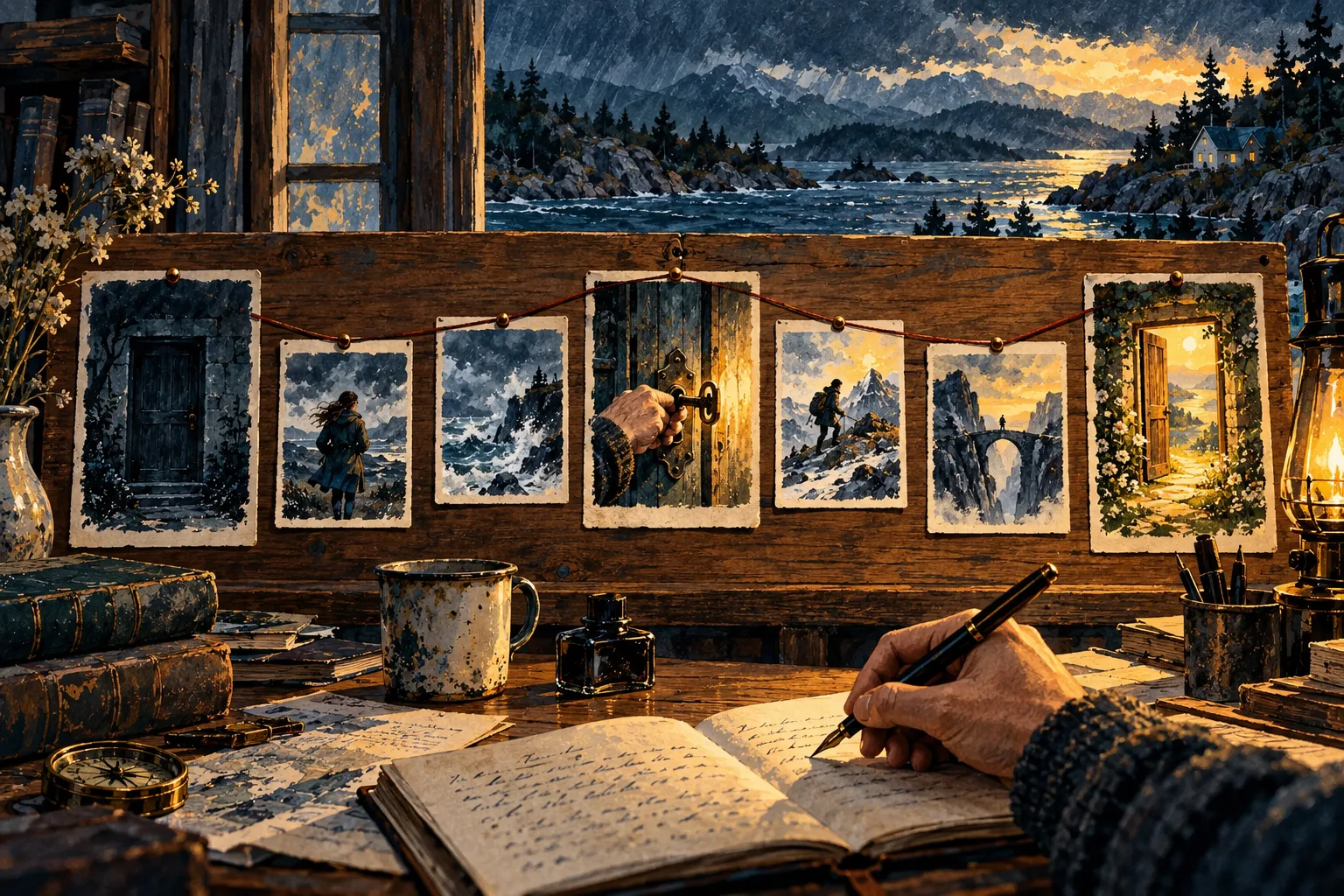 Seven connected scene cards run from a closed door through a pivotal key turn to an open door.