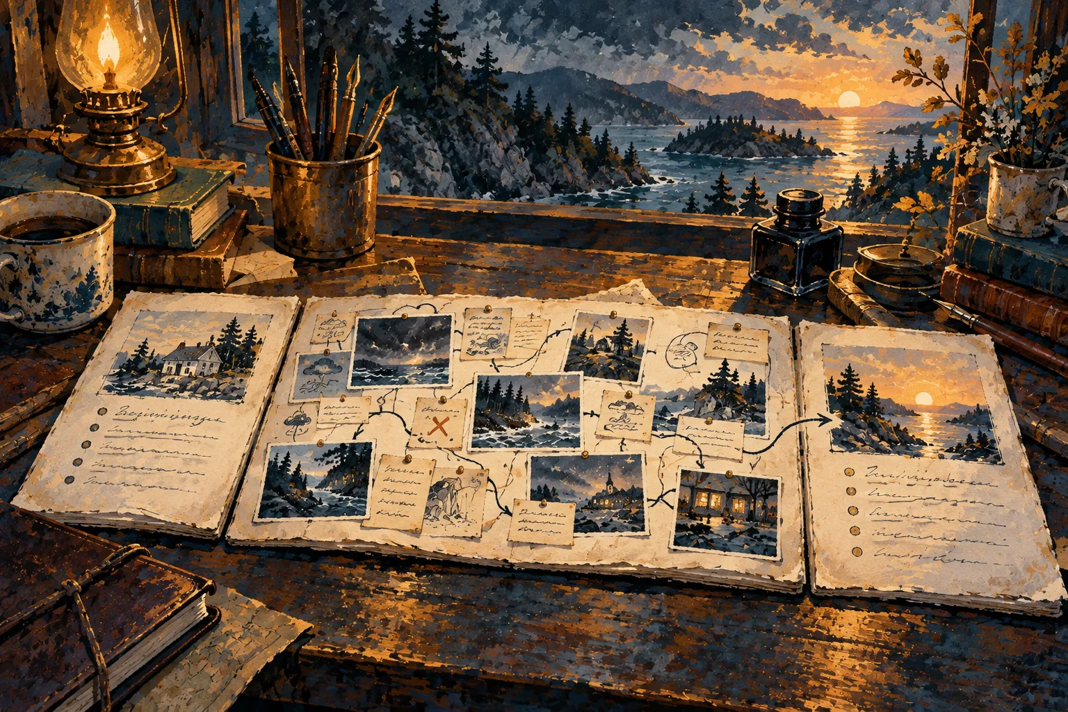 Three manuscript folios show an orderly beginning, a longer middle full of obstacles, and a resolved ending.
