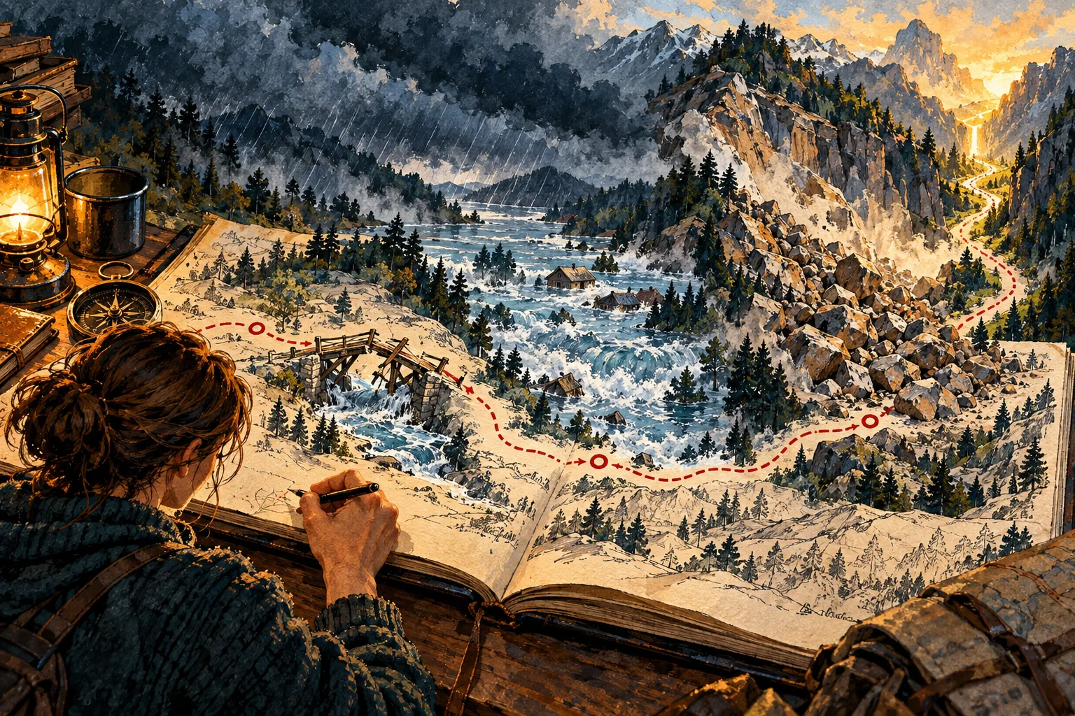 A route through manuscript pages encounters three increasingly severe setbacks before reaching an exit.