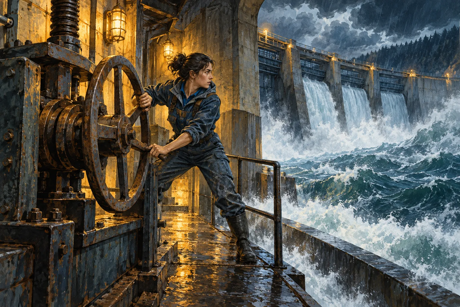 A hydrologist turns a dam's hand-cranked gate as stormwater rises.