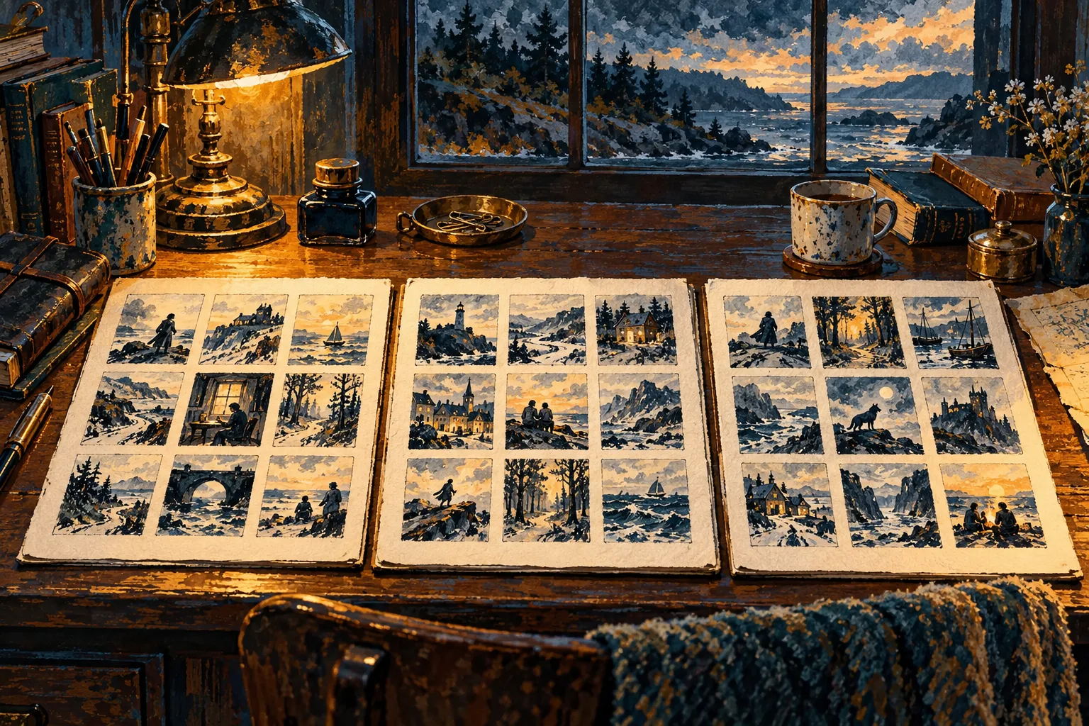 Three planning folios divide twenty-seven chapter cards into nine chapters per act.