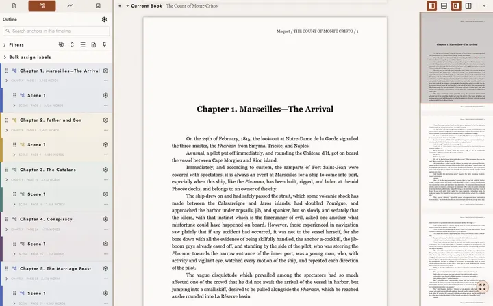 The Tabularia workspace in its light theme: the Outline on the left, a typeset Chapter opening in the middle, and the minimap on the right.