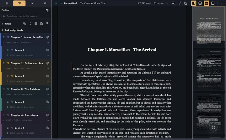 The same workspace in the dark theme, with the Outline, the Chapter opening, and the minimap.