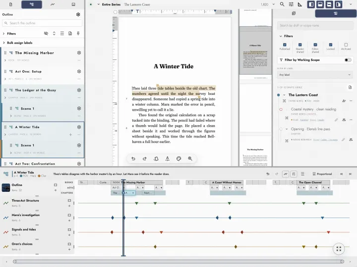 A series open in Tabularia, with the Outline, the page, the Drafts panel, and the Timeline drawer along the bottom.
