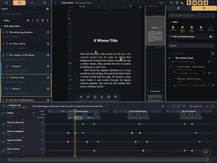 The series workspace in the dark theme, showing the Outline, the Drafts panel, and four Timelines in the drawer.