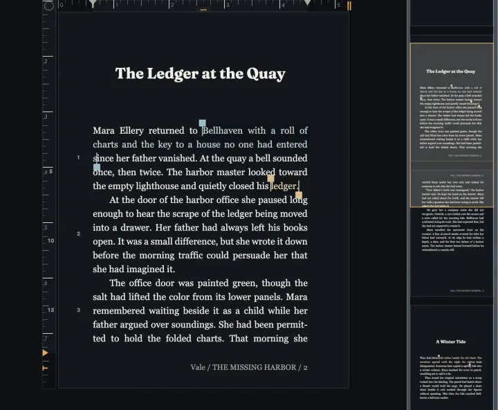 A typeset page beside the minimap, which frames the visible passage and marks where the Anchors fall.