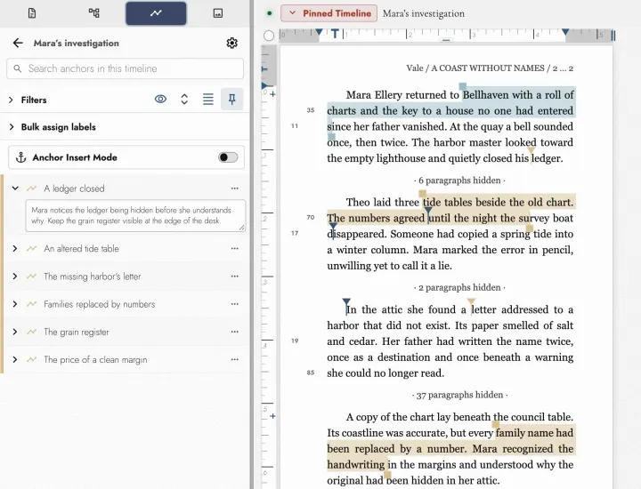 A pinned Timeline narrowing the manuscript to one character's thread, with the paragraphs between its passages folded away.