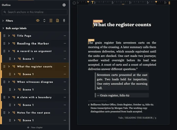 A nonfiction book in the dark theme: its argument in the Outline, a block quotation, and a numbered footnote on the page.