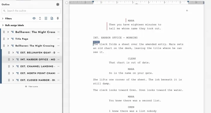 A screenplay set in Courier on the industry grid, with its Scenes listed in the Outline.