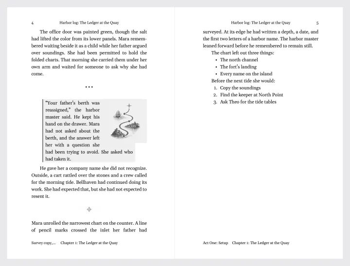 Two facing pages of a 6 by 9 inch print PDF, with running heads, an ornament, and a picture set into the text.