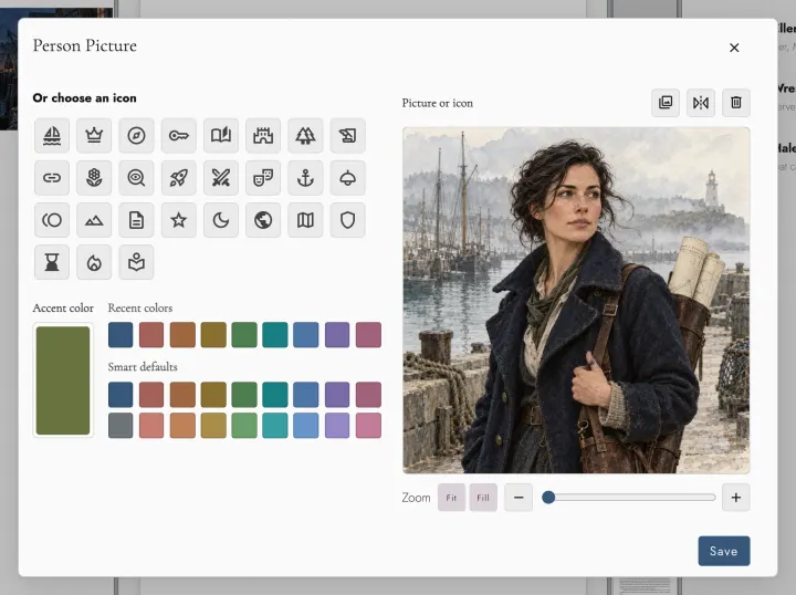 The picture editor for a character's Sheet, with a portrait, an accent color, and a set of icons to choose from.