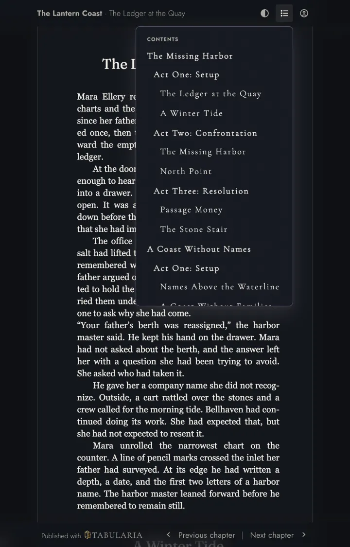 A published reader page in its dark appearance, with the Contents menu listing the Books, Acts, and Chapters.