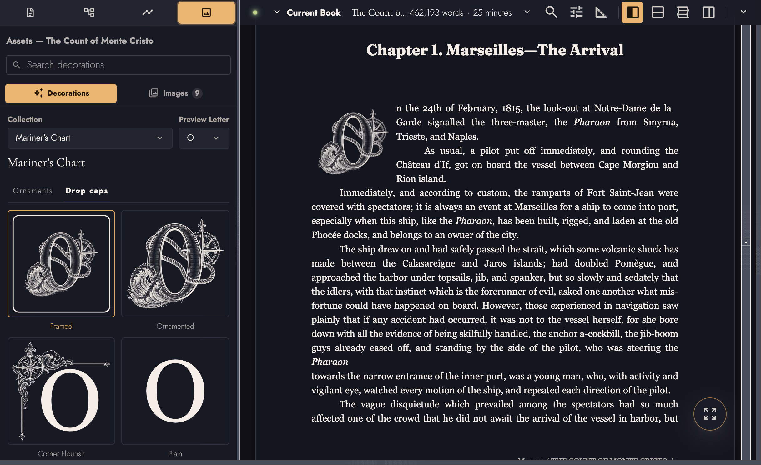 Mariner’s Chart drop-cap choices beside The Count of Monte Cristo, with an illustrated O opening Chapter 1
