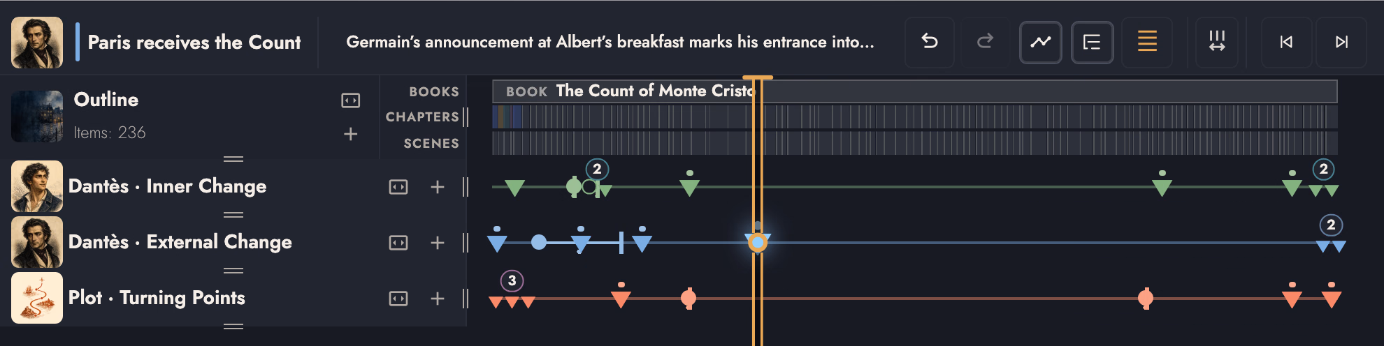Timeline Drawer with three custom timeline lanes beneath the Outline, a selected Point Anchor marked by the Playhead, and its comment shown in the drawer header.