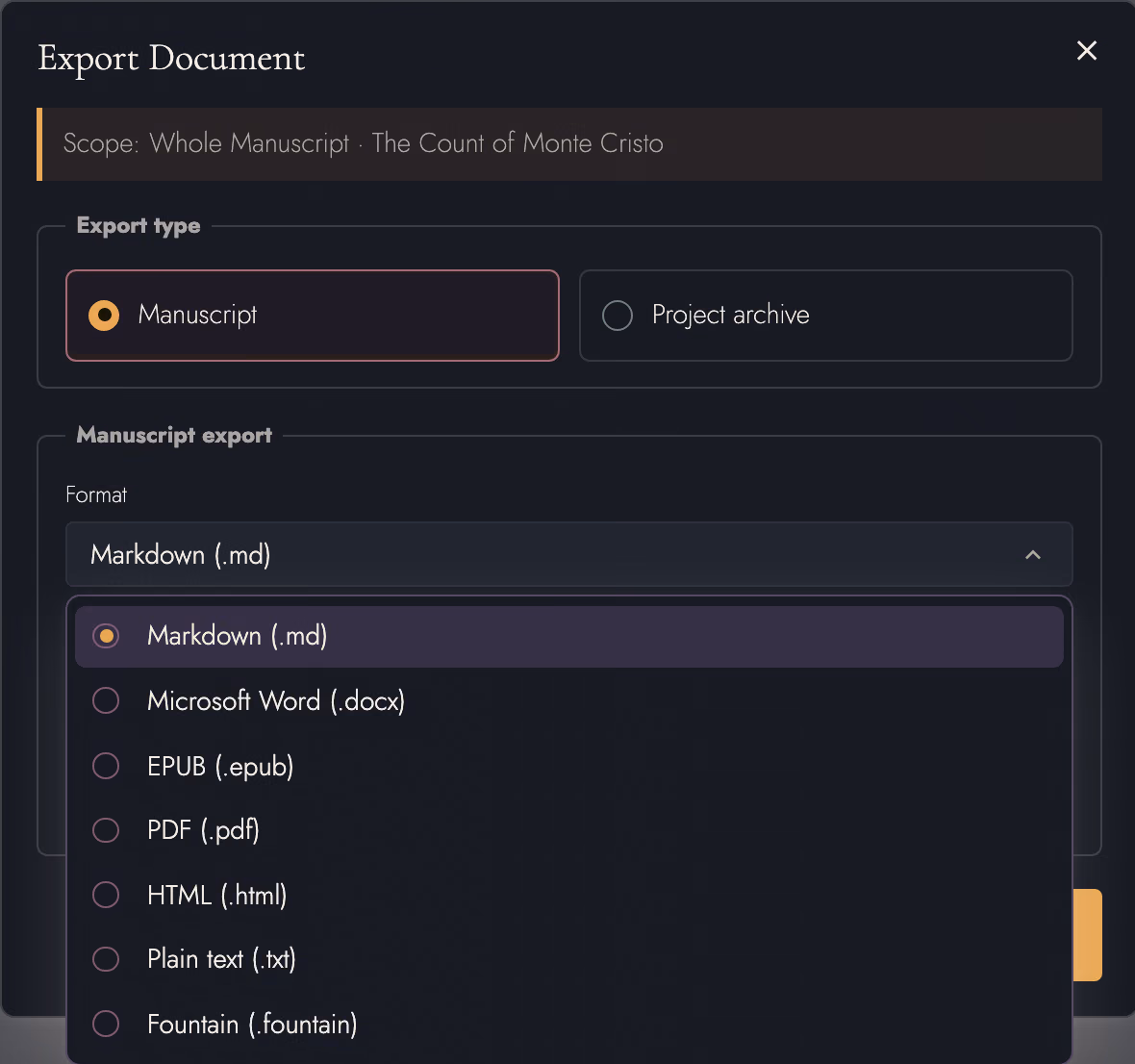 Export Document dialog for the whole manuscript with the format list open on Markdown, Word, EPUB, PDF, HTML, plain text, and Fountain.