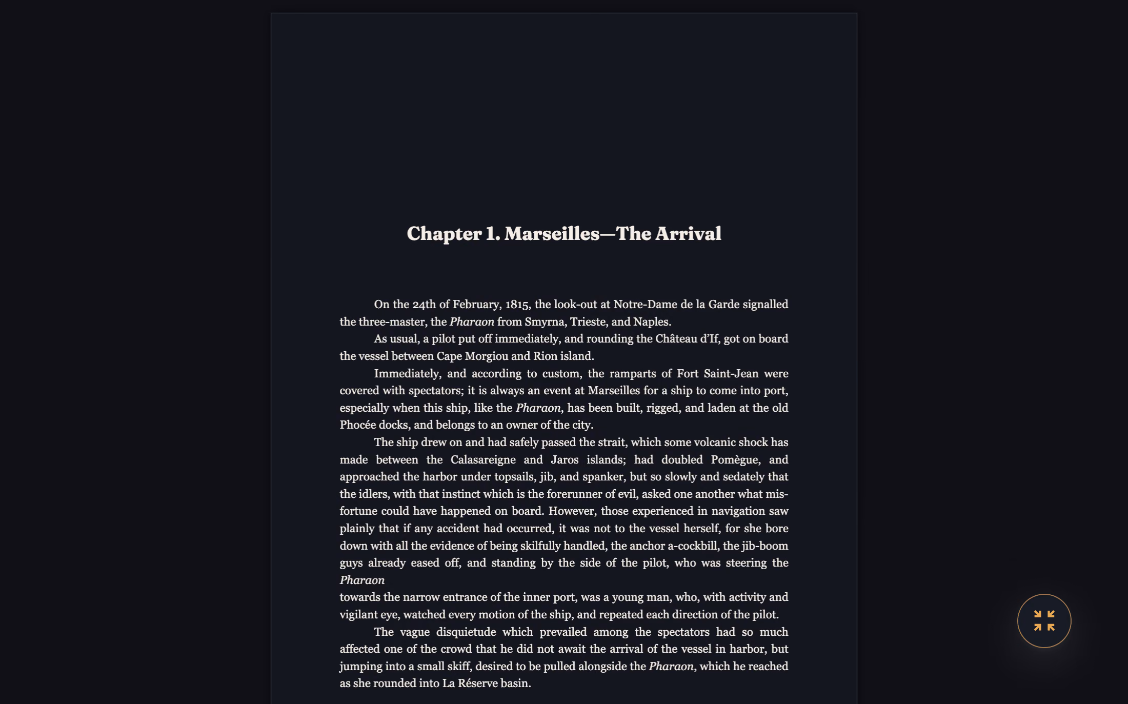 The Count of Monte Cristo open in Focus Mode, the page alone on an empty workspace with only the control that leaves it again in the corner.