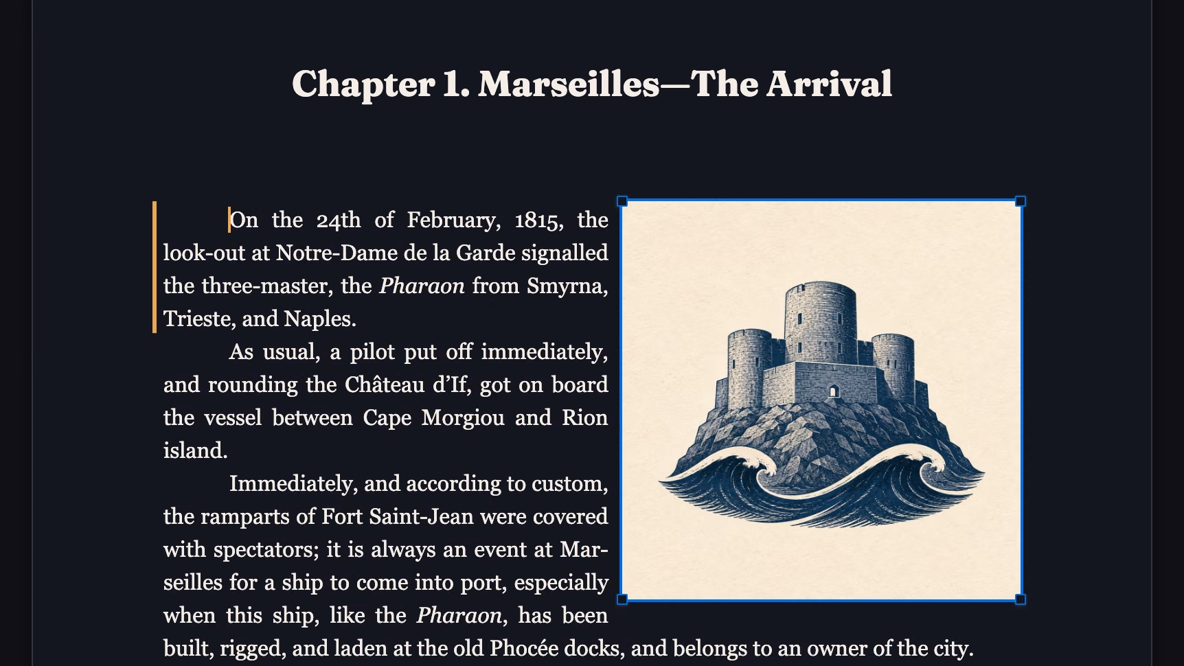 An engraving of the Château d’If placed in the opening page of The Count of Monte Cristo, with the paragraphs flowing around it and its corner handles showing.