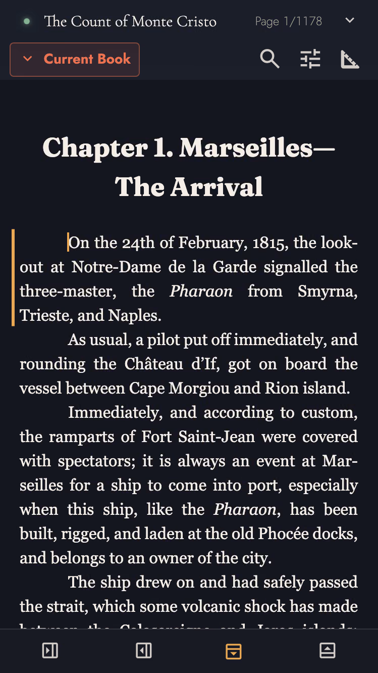 The Count of Monte Cristo open on a phone at page 1 of 1,543, the chapter set to the width of the screen with the panel dock along the foot.