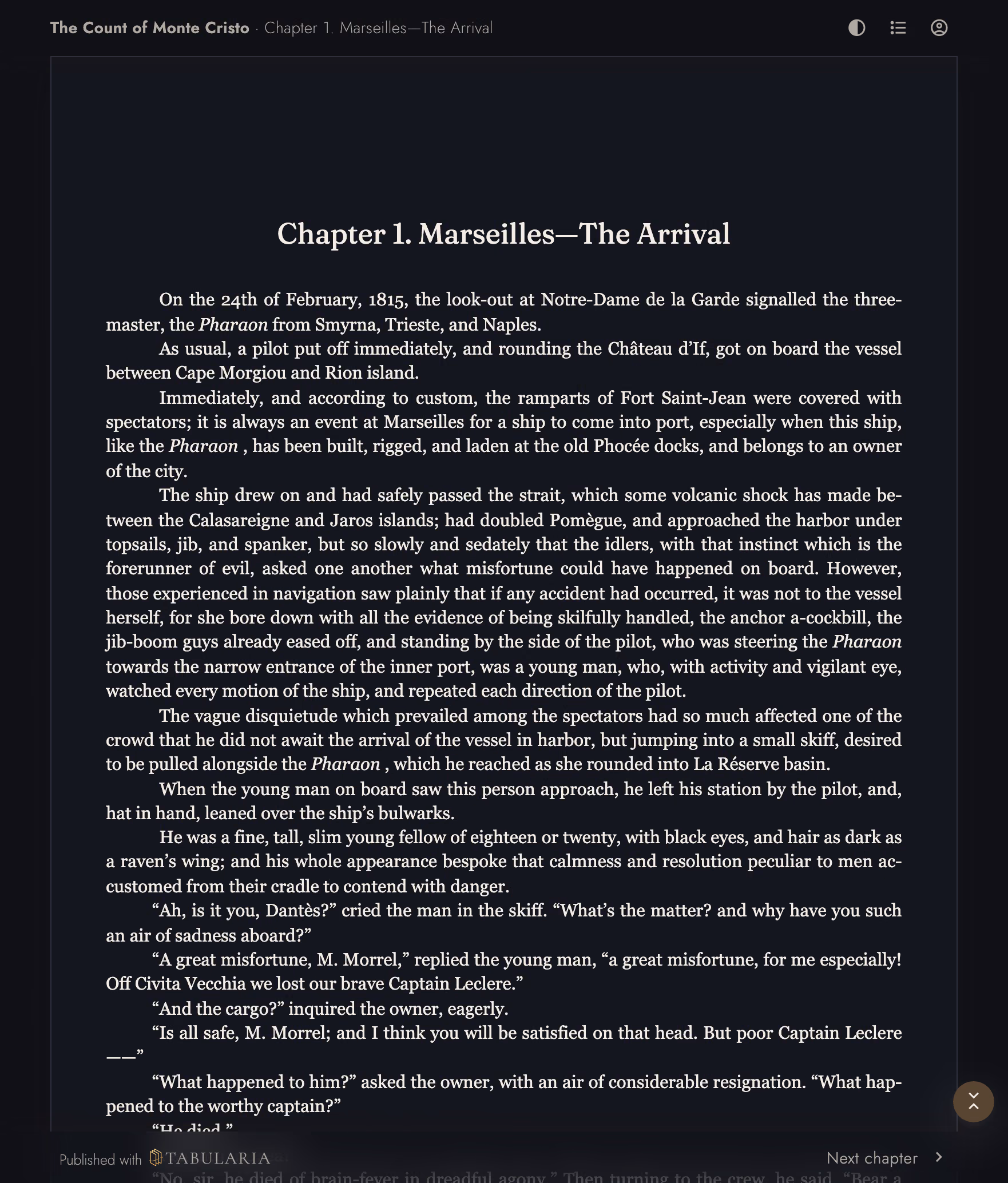 Published reader page for The Count of Monte Cristo showing Chapter 1, reading controls, next-chapter navigation, and the Published with Tabularia footer.