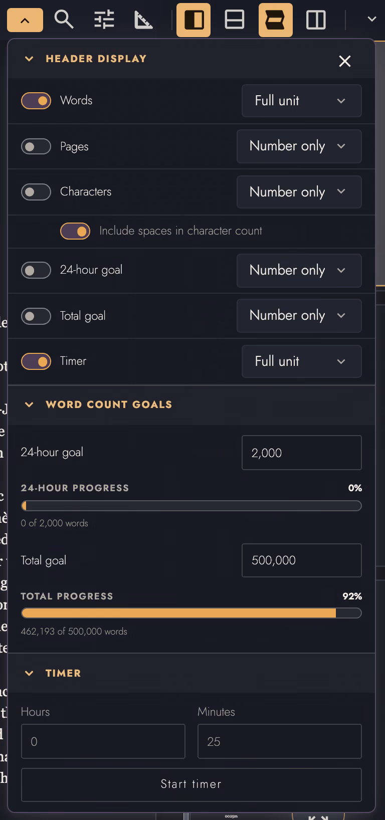 The writing statistics menu showing a 24-hour goal of 2,000 words, a total goal 93 per cent complete, and the Writing Timer running.