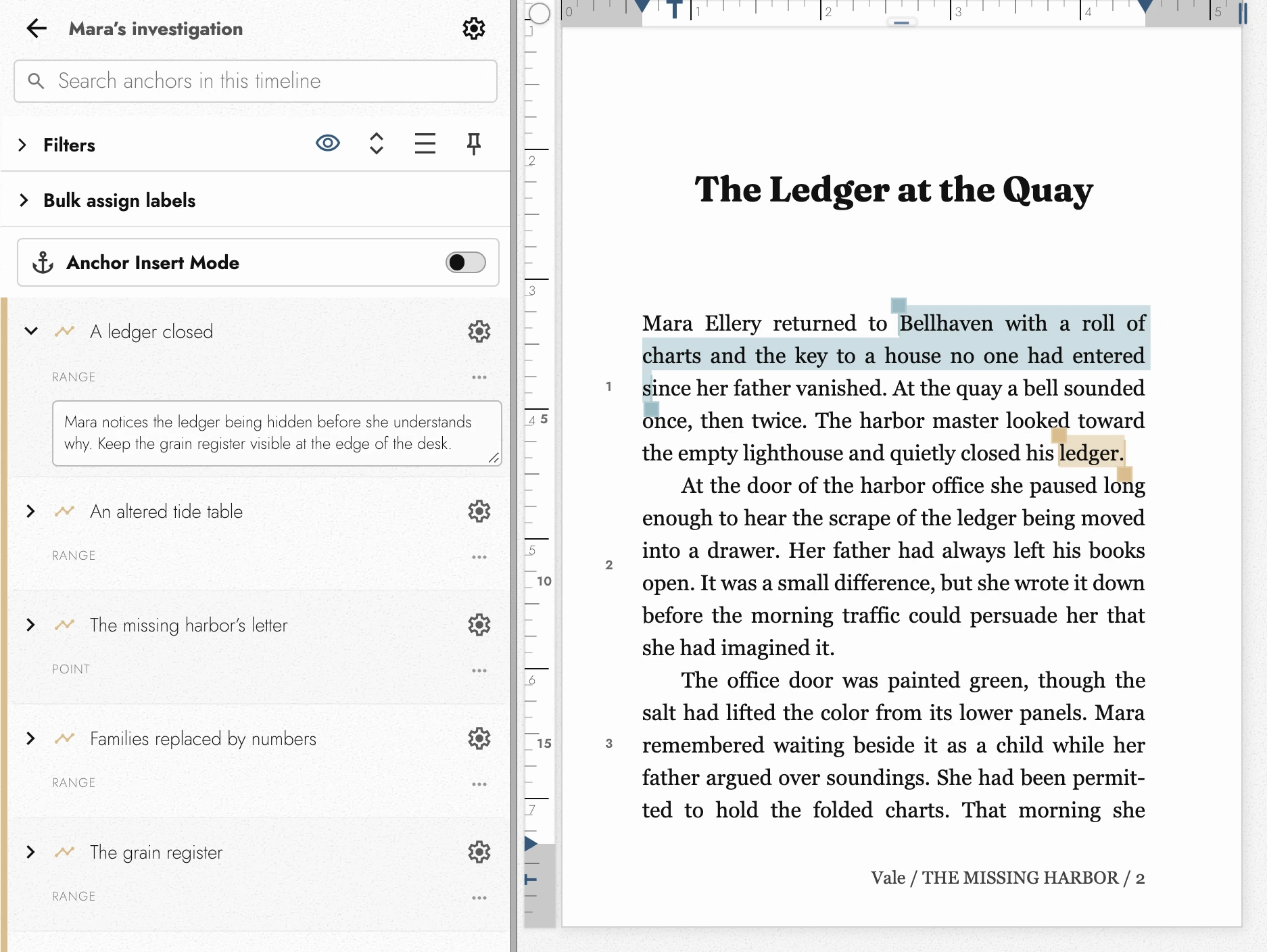 Investigation Anchors beside the selected ledger passage and its planning note.