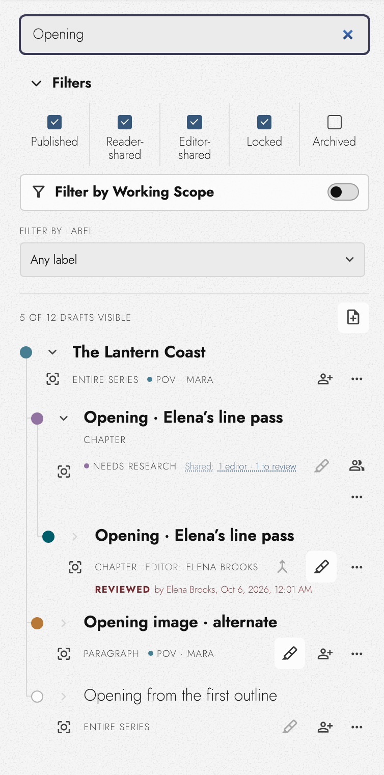 Five opening-related Drafts with distinct color identities, showing states, and a returned Editor review.