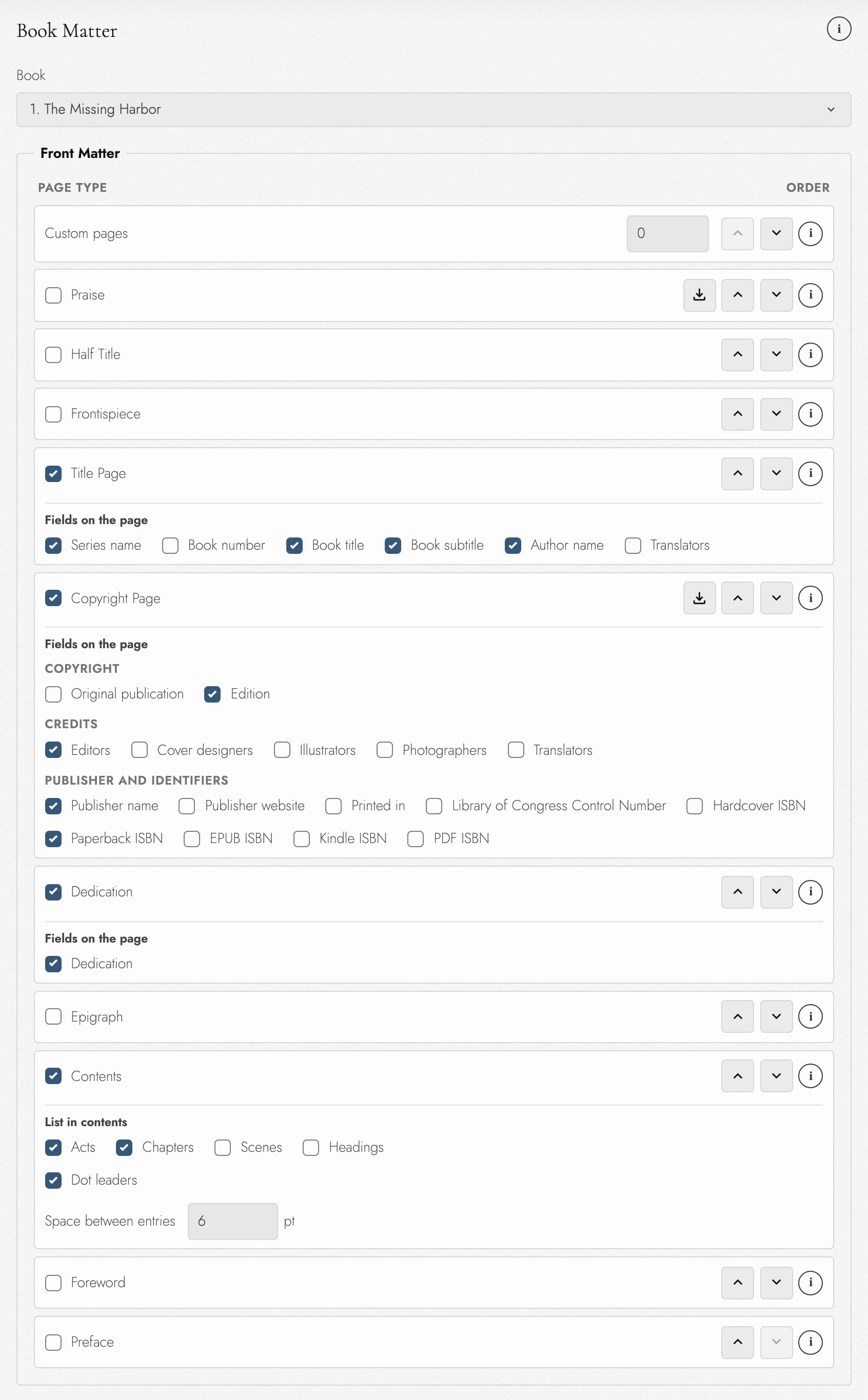 Book Matter front matter settings with the Fields chosen for the title, copyright, and dedication pages, the copyright Fields grouped under Copyright, Credits, and Publisher and identifiers, and Acts and Chapters listed in Contents.