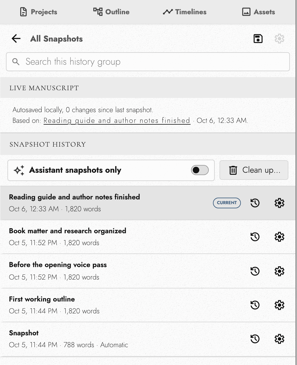 Five named Snapshots with dates, word counts, restore controls, and the current state.