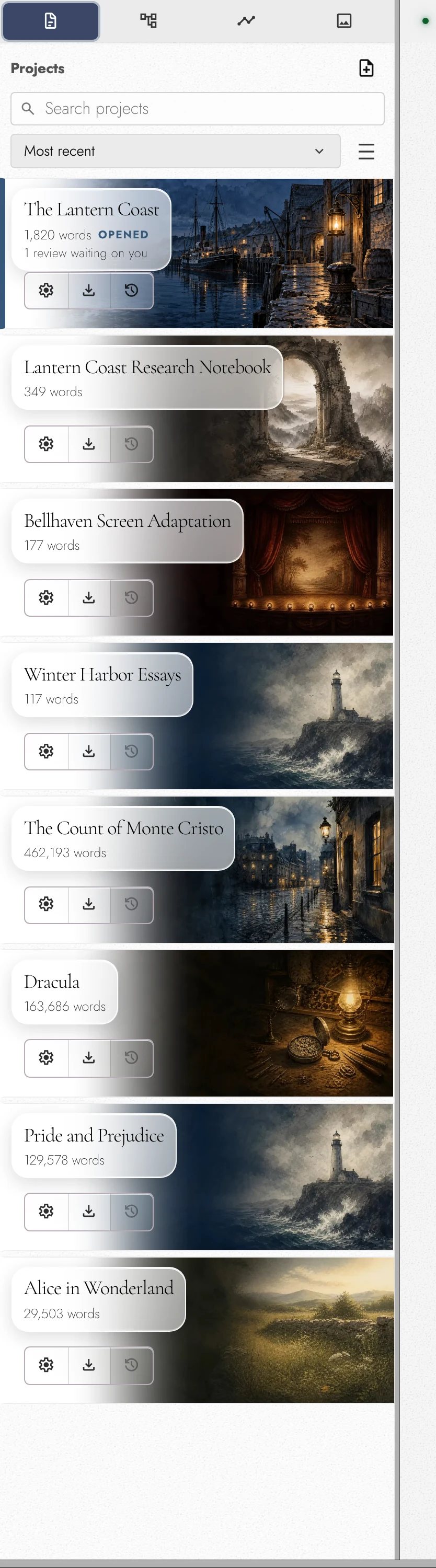 Project cards with different artwork and word counts, plus Settings, Export, and History controls.