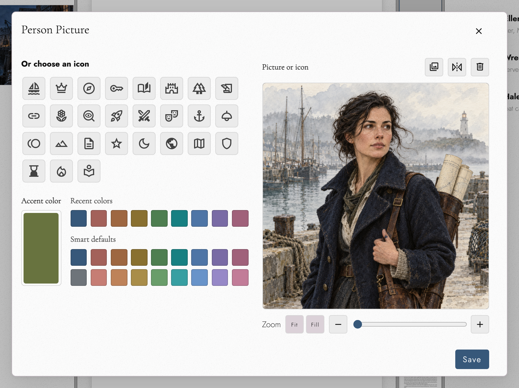 Mara’s portrait in the picture editor with Choose picture, Flip, and Remove picture buttons beside its heading, and zoom, symbol, and accent color controls.