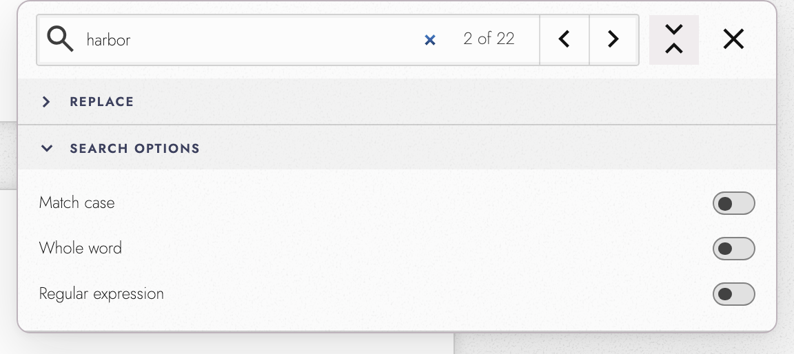 Find panel with the query harbor, 22 matches, and case, whole-word, and regular-expression options.