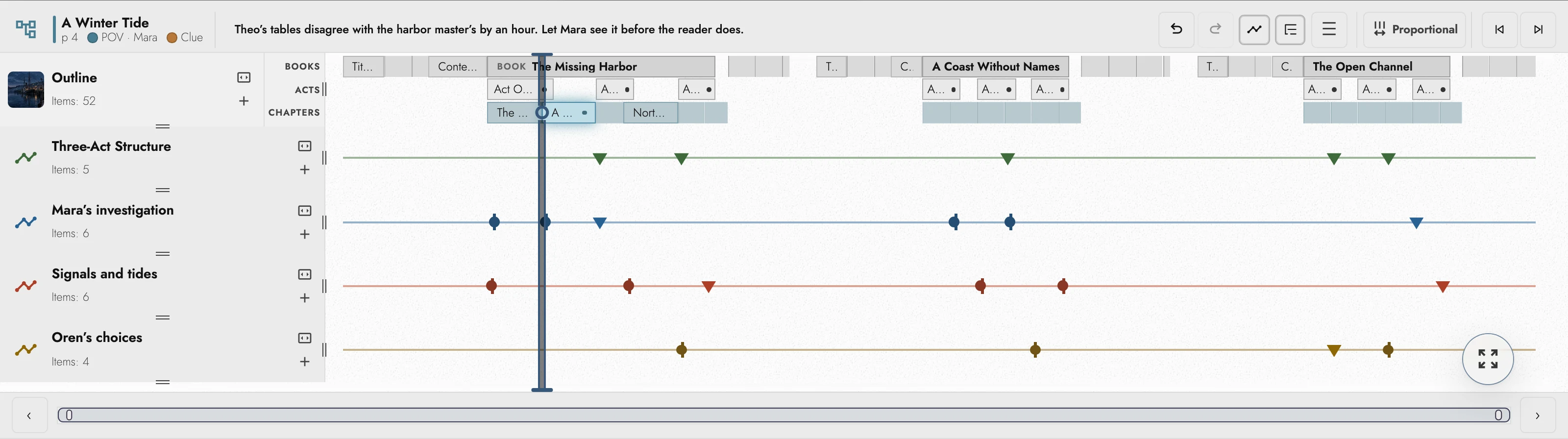 The Timeline Drawer with the Chapter A Winter Tide selected: its page, labels, and comment in the header, the Playhead on its band, and four Timeline lanes beneath the Outline’s Books, Acts, and Chapters.