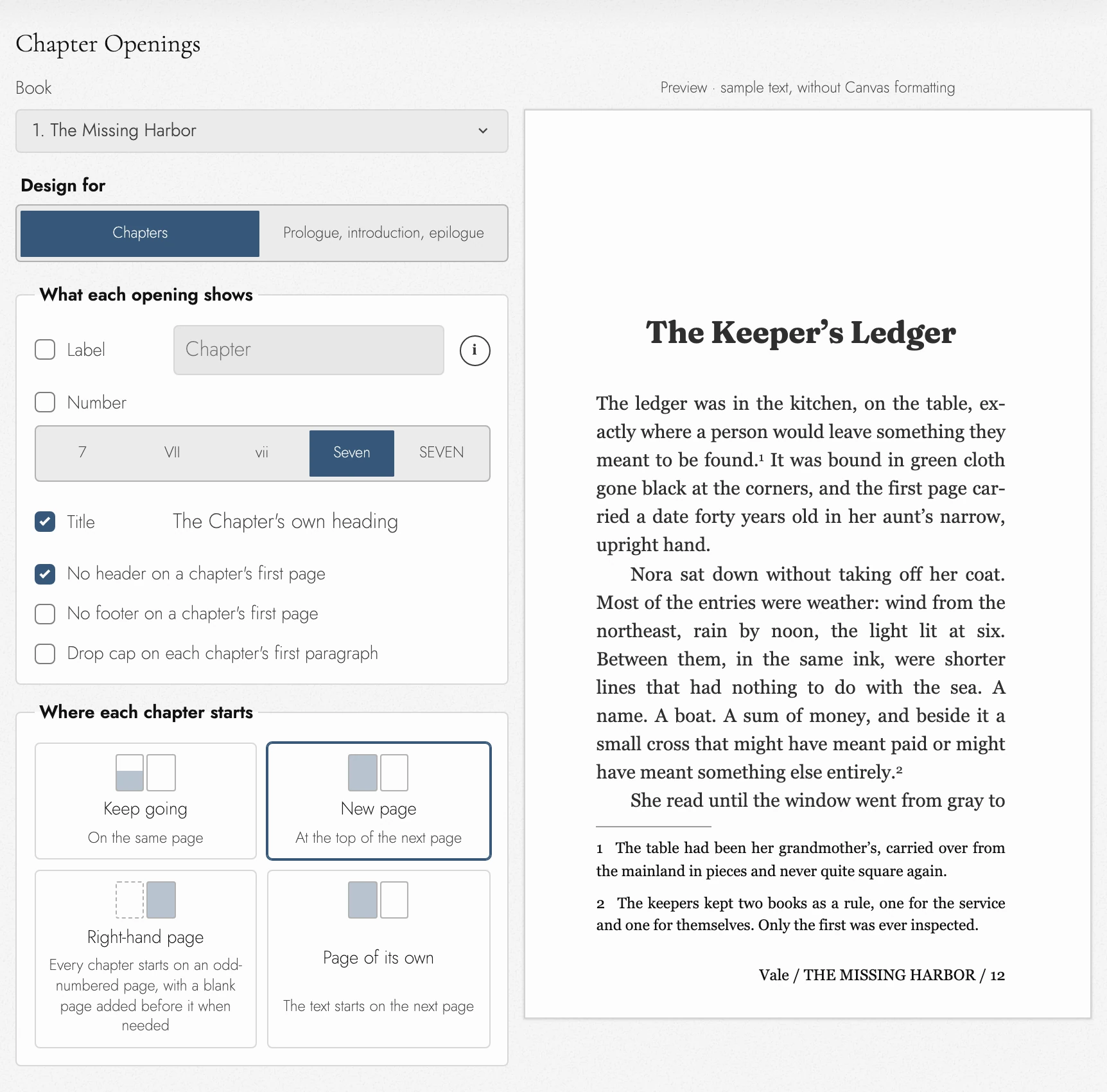 Chapter opening controls for the selected Book beside a sample page preview.