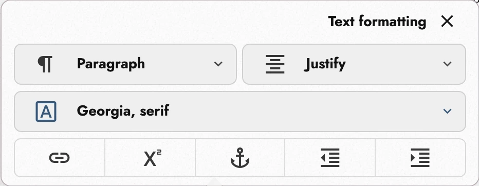 Text formatting panel with paragraph style, justified alignment, and Georgia typeface. The bottom row ends with paragraph indent controls.