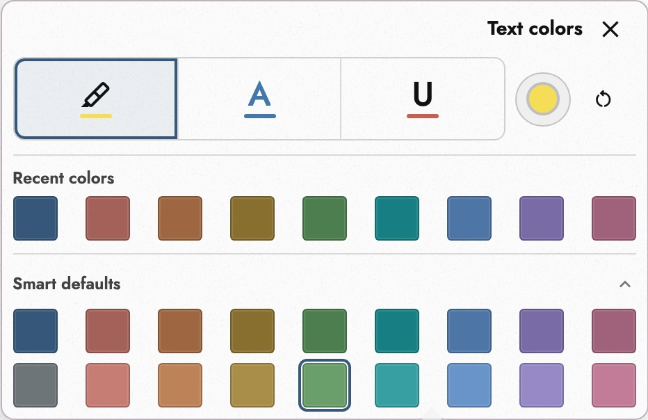 Text color panel with highlight selected, three color targets, recent colors, and expanded Smart defaults.