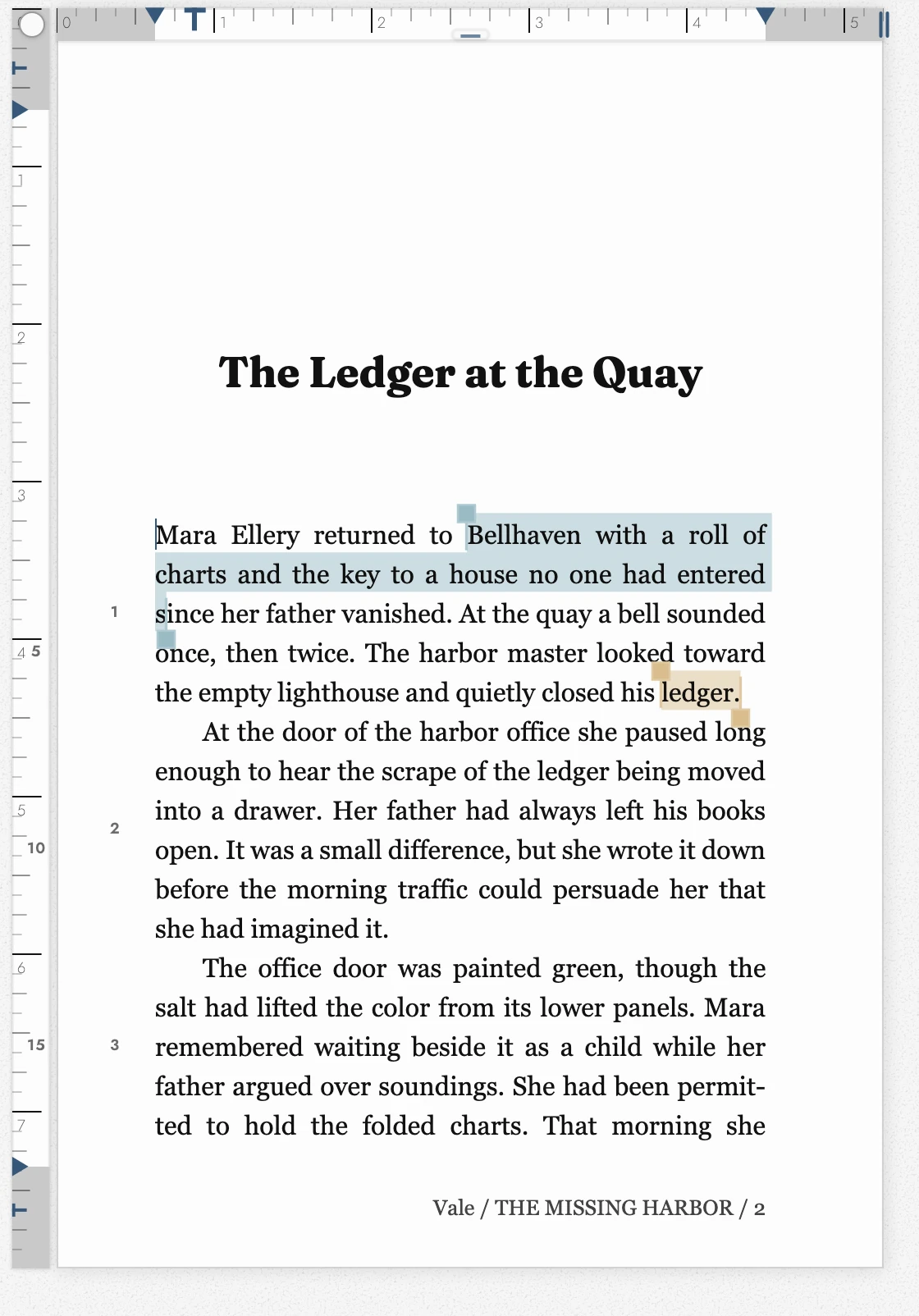 Complete opening page beside horizontal and vertical Rulers, with margin, indent, and running-content handles.